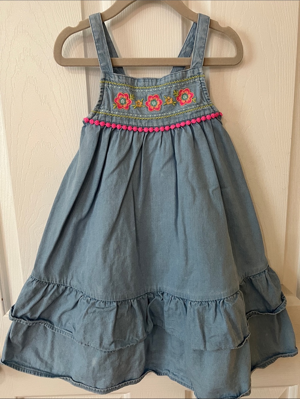 jumping beans Blue Denim Sundress with Pink Floral Trim